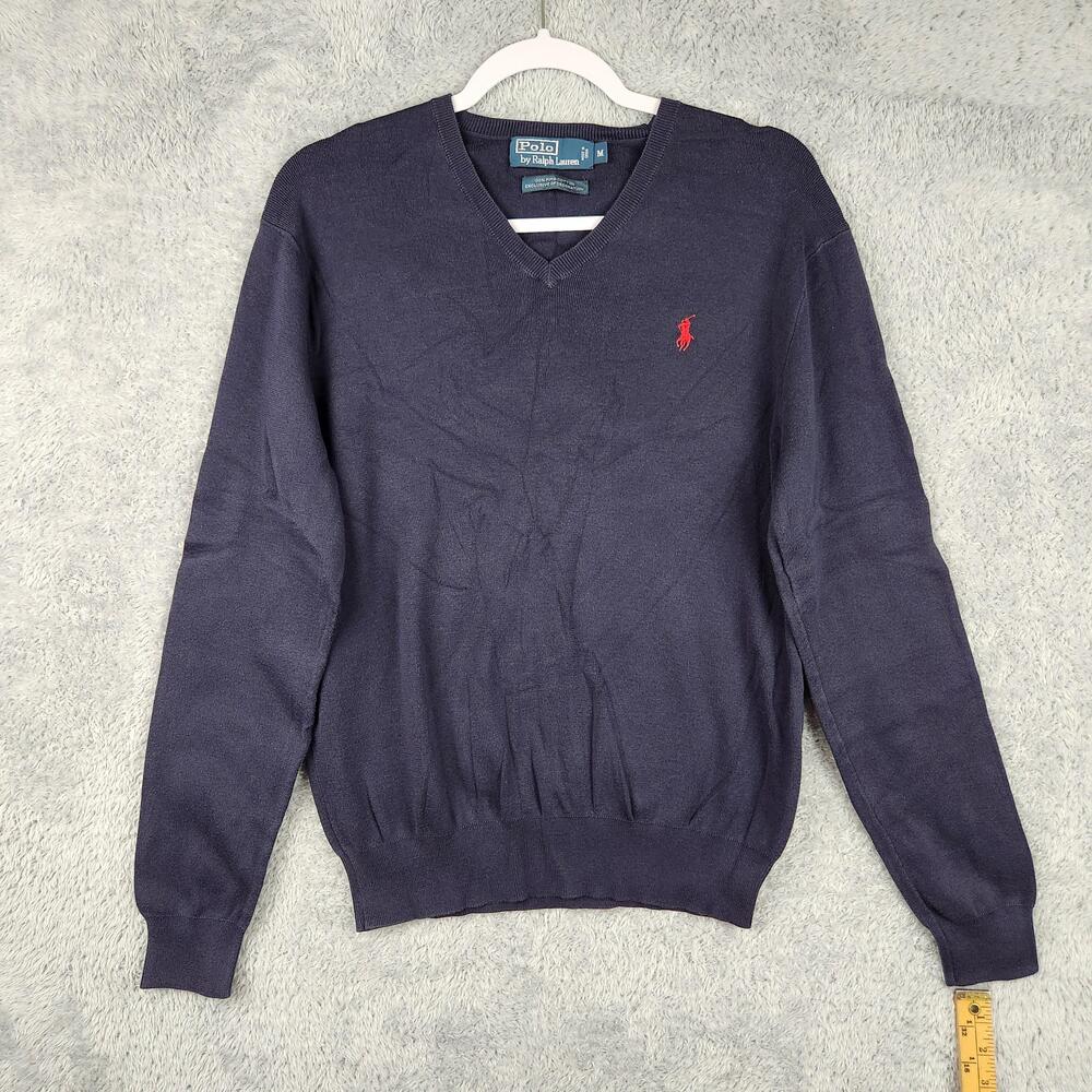 Polo Ralph Lauren Sweater Mens Medium Blue V Neck Pima Cotton Knit Small Pony